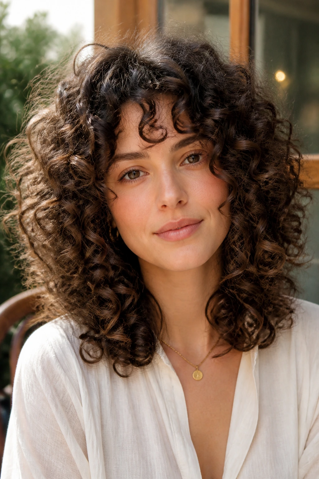 Portrait of a woman with rounded Deva cut forming a soft halo around the head.