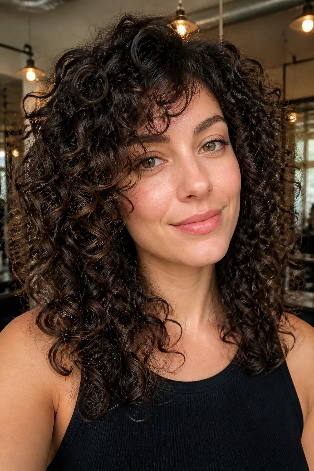 Portrait of Deva Cut curls with internal layers on a real person