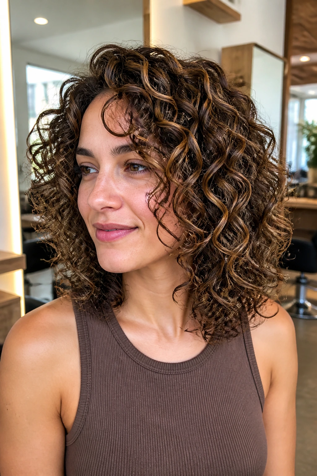 Close-up of a real person with shoulder-skimming Deva cut and ribbon babylights.