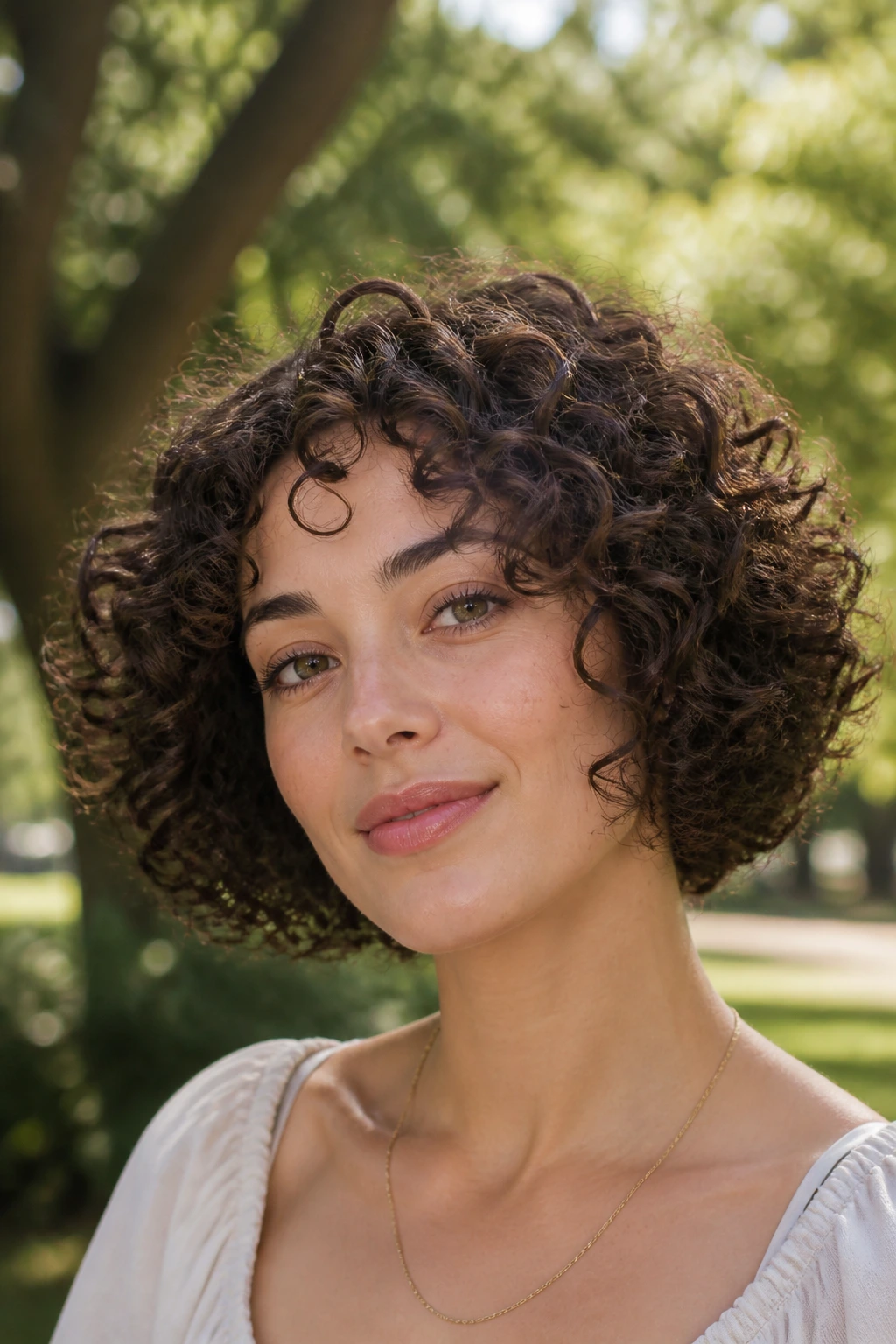 Close-up portrait of a real woman with curls cut curl-by-curl into a rounded halo around the sides.
