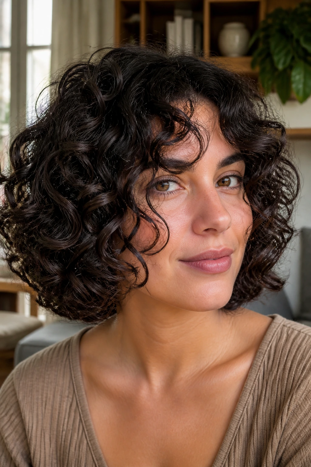Close-up of a real person with a Deva-Cut Rounded Lob hairstyle along the jawline