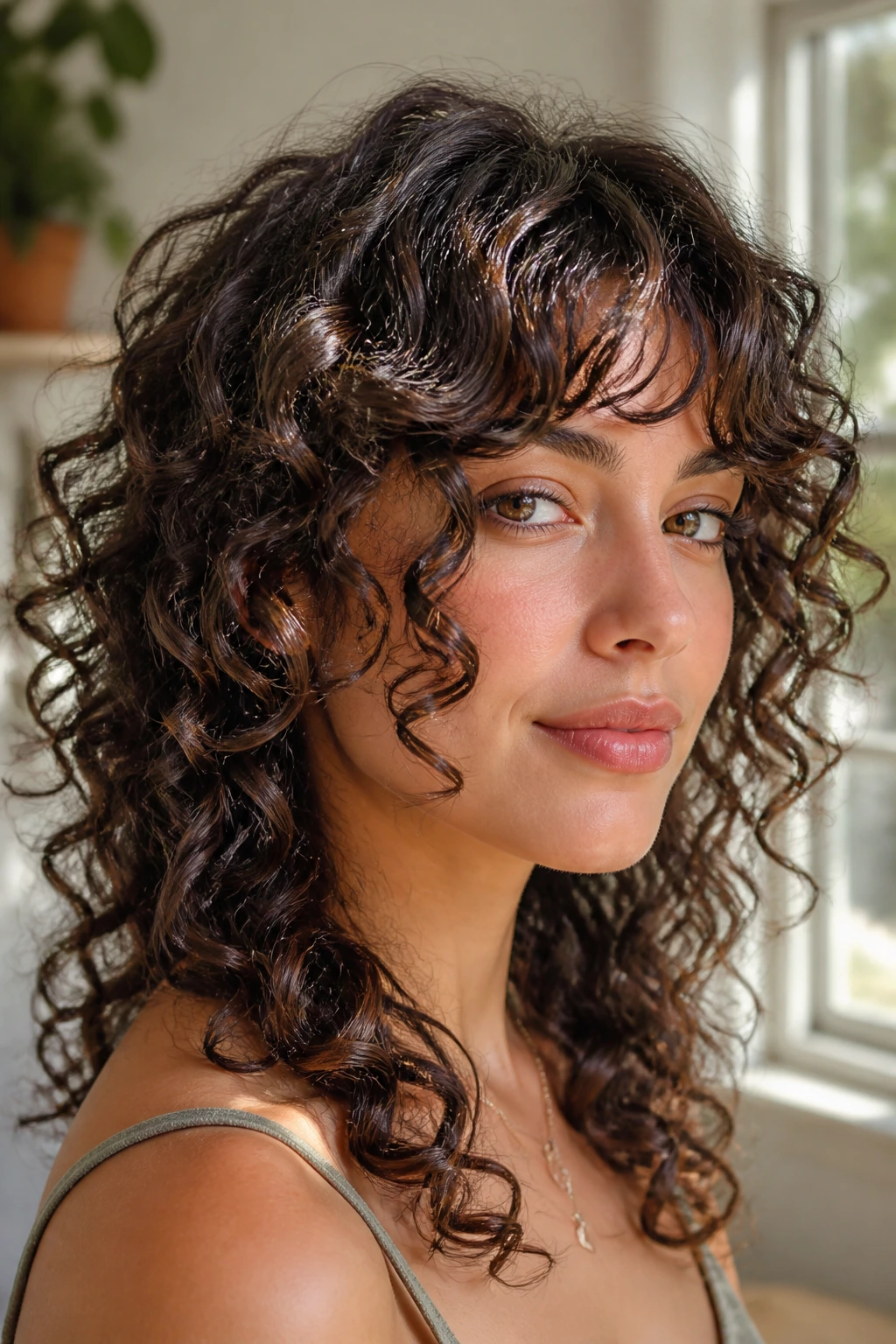 Close-up of a real person with Deva-cut spirals and face-framing curls.