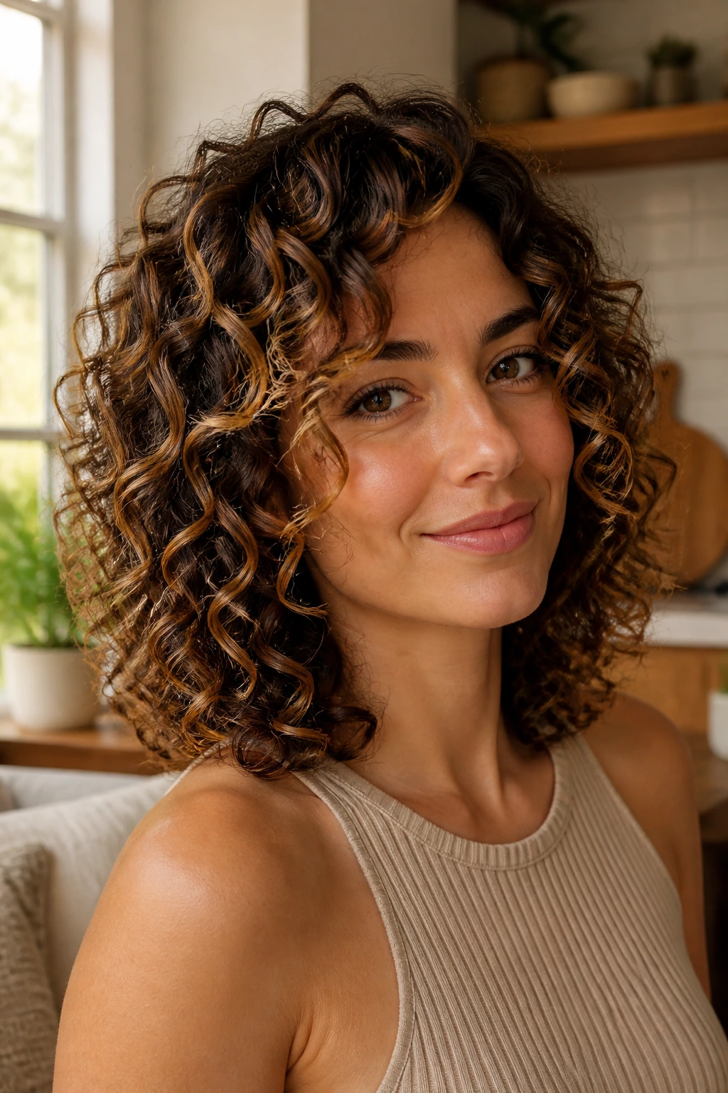 Close-up of shoulder-length Deva cut with toffee ribbons on curls