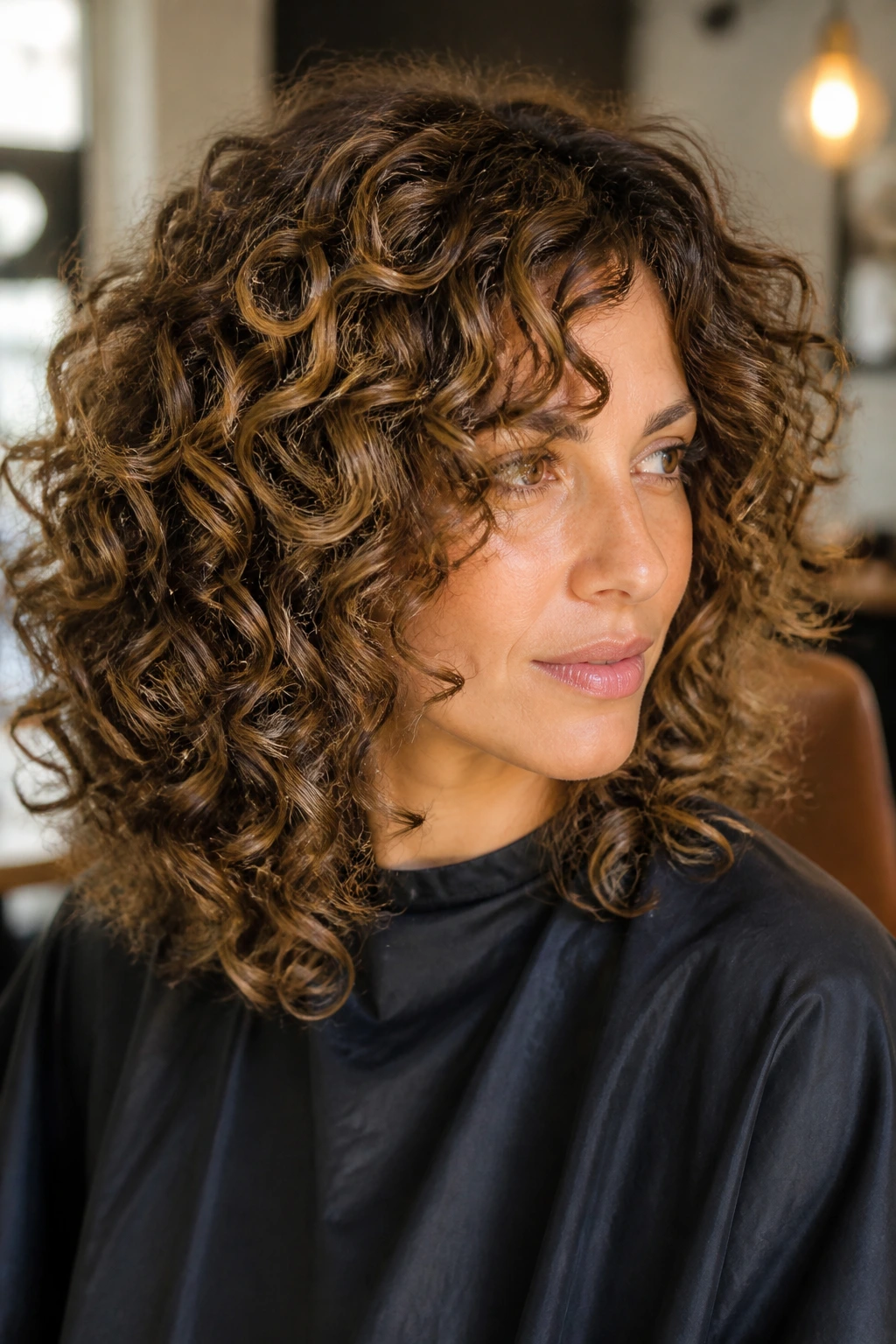 Close-up of a real person with curls showing a Deva-inspired shape and interior lowlights