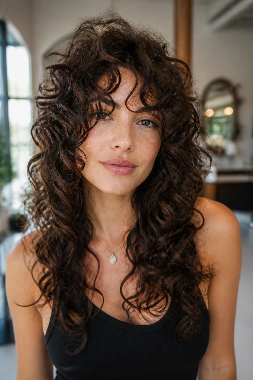 Close-up portrait of a real woman with DevaCut-Inspired Curly Shag showing curl-by-curl shaping