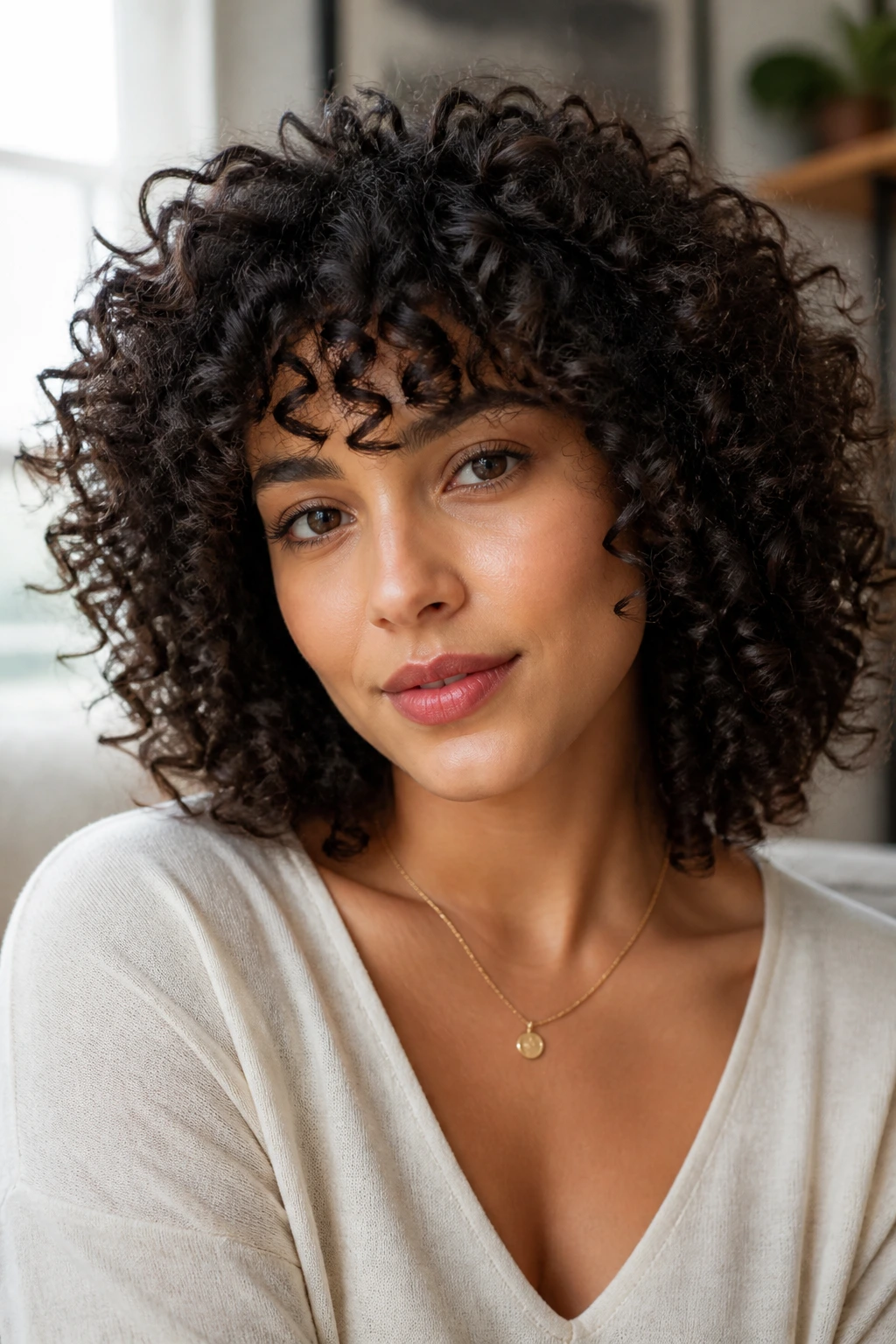 Close-up of a real woman with tight curly fringe styled with DevaCut technique