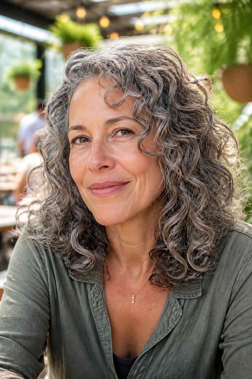 Portrait of a real woman with Deva-cut midlength curly hair in daylight