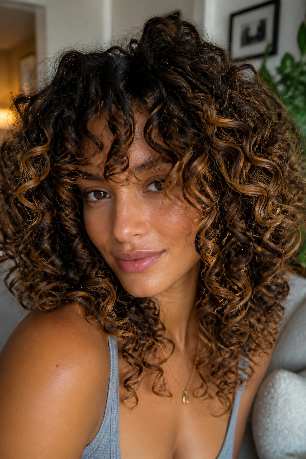 DevaCut ringlets with caramel veils on real woman