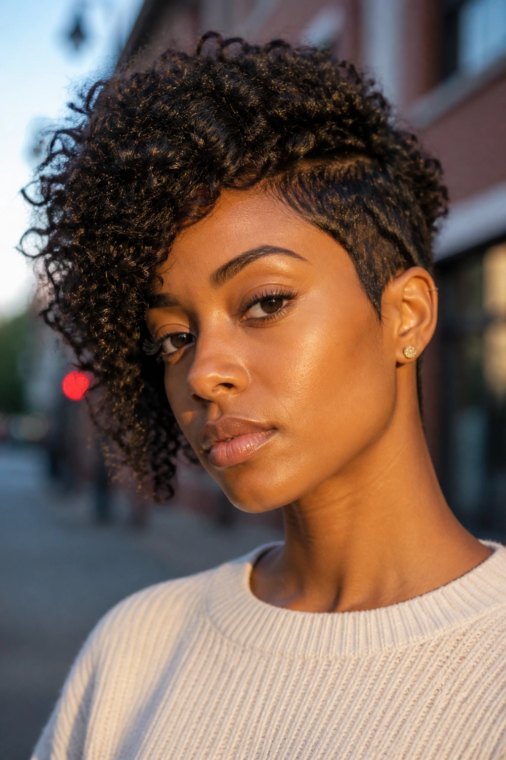 Close-up showing diagonal hair angle in an asymmetrical cut