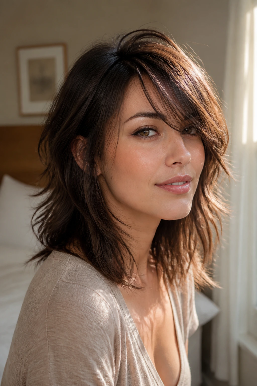 Close-up portrait of a real woman with Diagonal Bang Shag featuring a deep side part and feathered layers