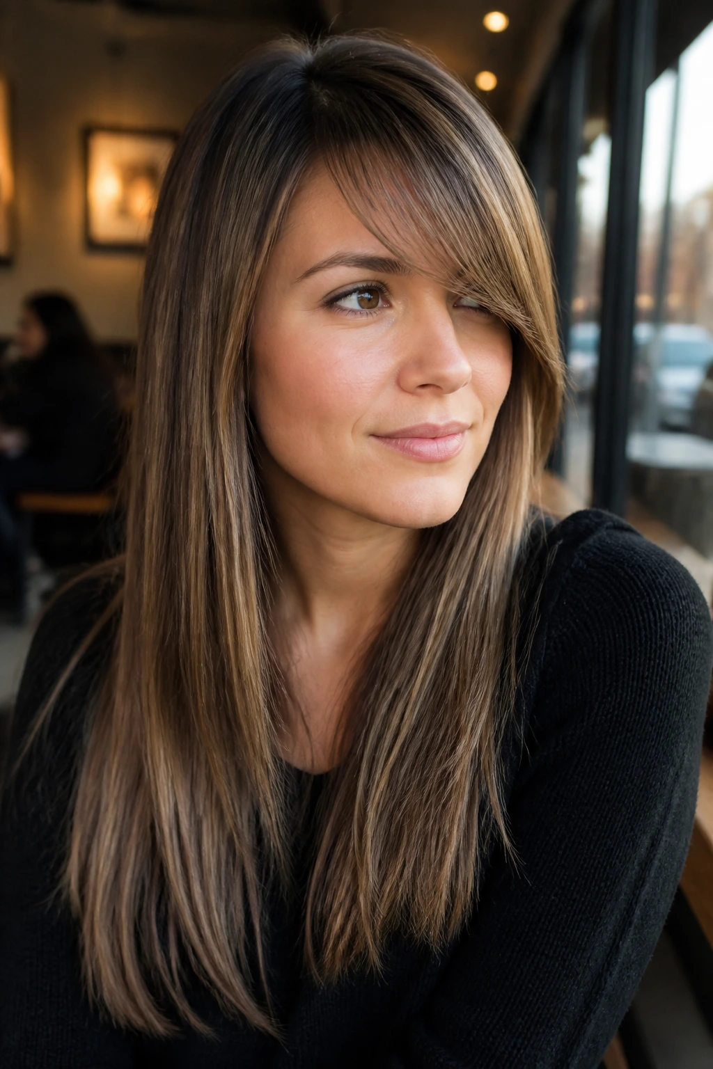 Portrait of a real person with long straight cut and diagonal bang sweep in natural light.