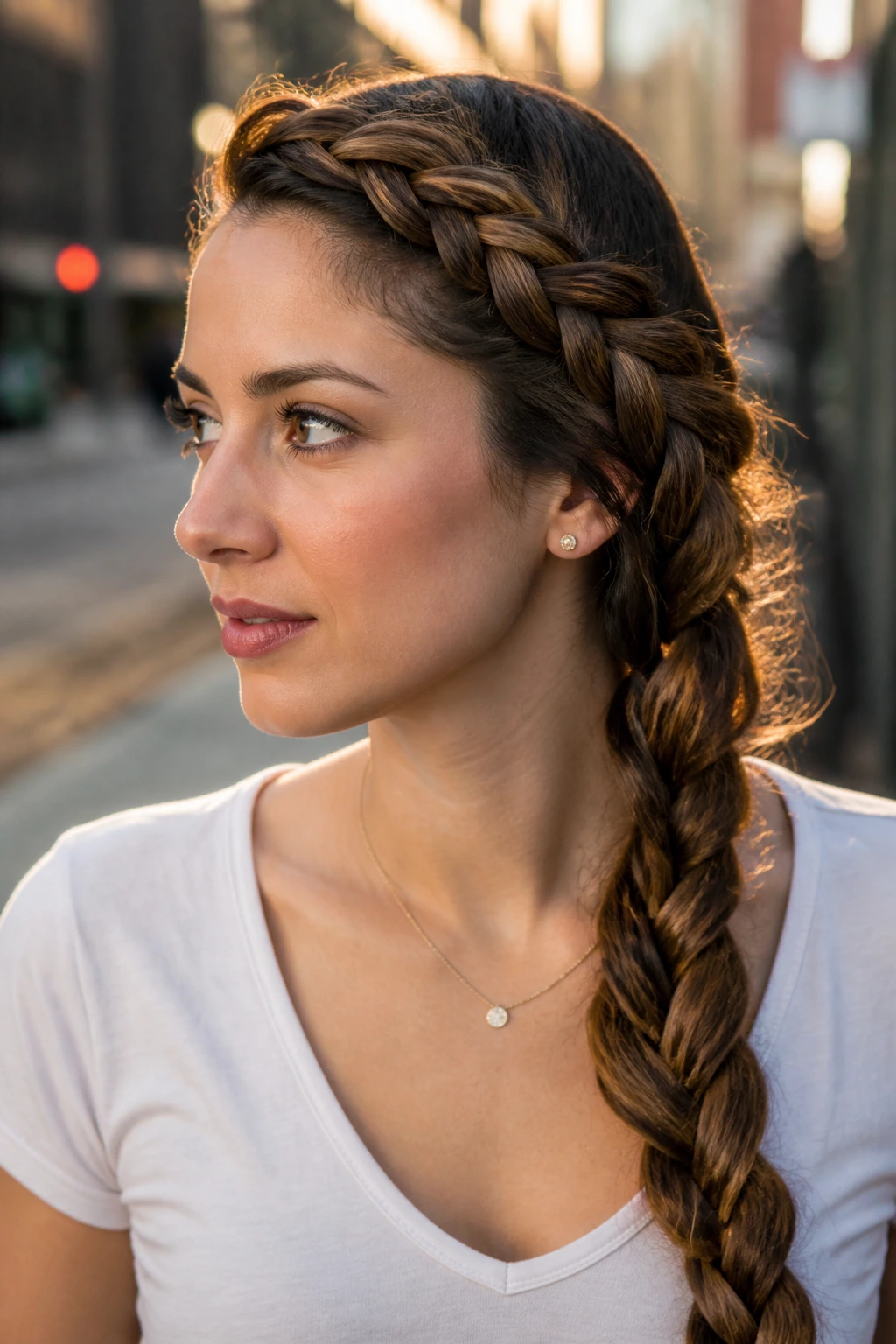 Close-up of a real woman with a diagonal French braid across the head