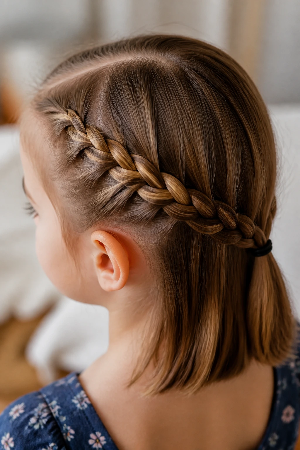 Close-up of a girl with a diagonal back braid using shorter hair.