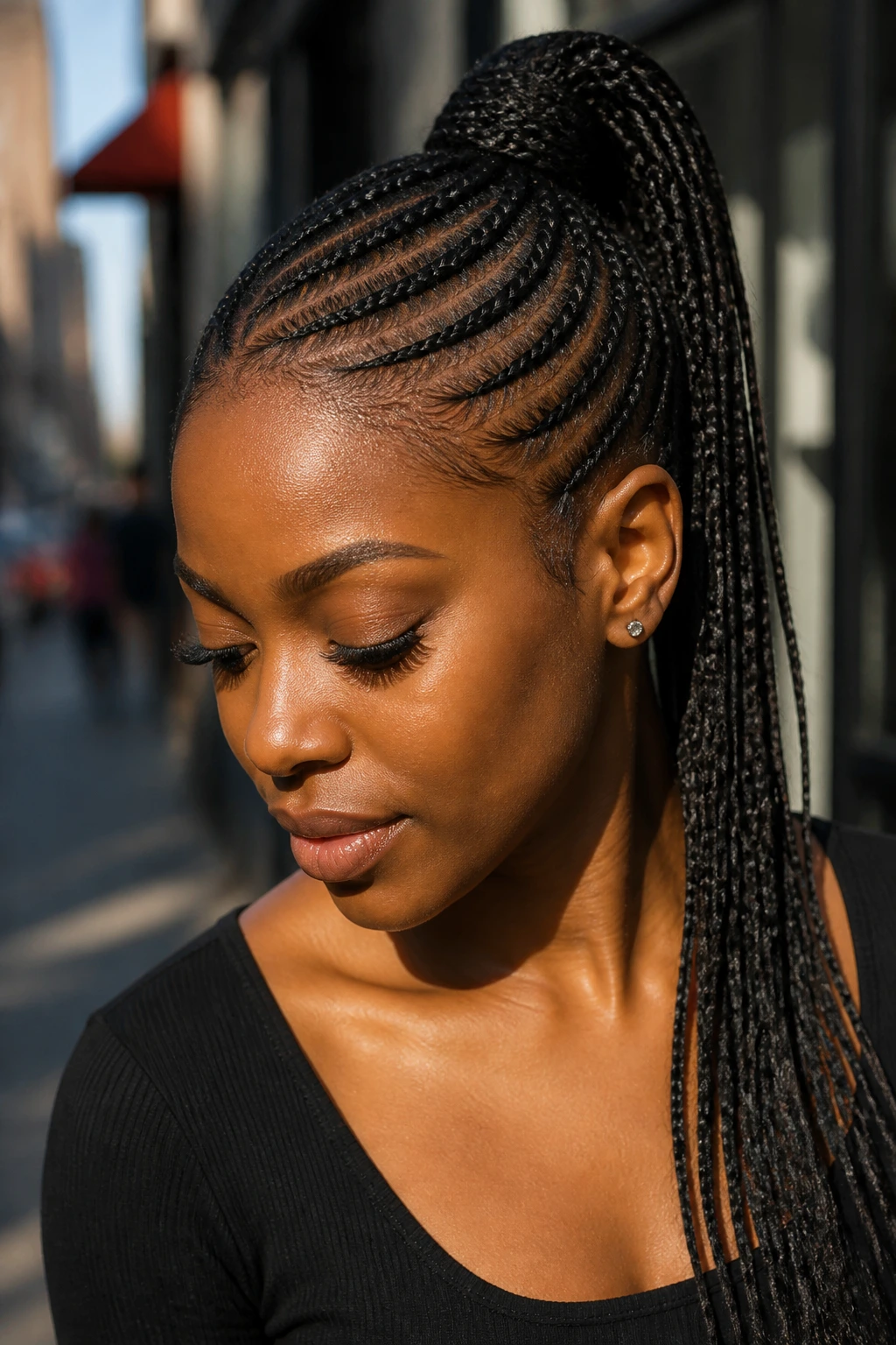 Close-up portrait of a real woman with diagonal cornrow ponytail