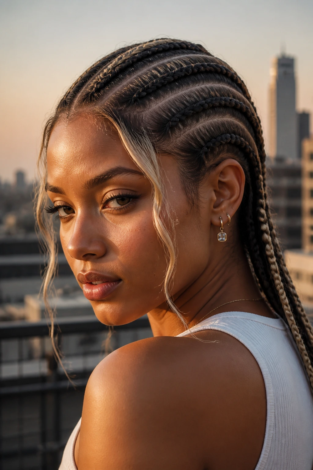 Close-up portrait of a real person with diagonal cornrows and ash-blonde side pieces