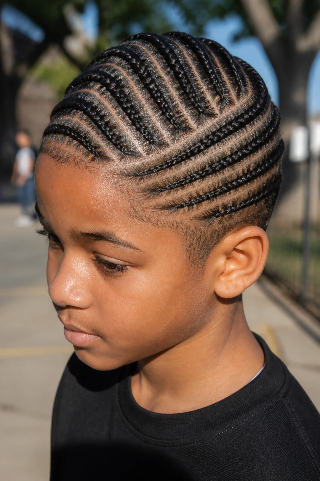 Real boy with side-swept diagonal cornrows on urban daylight