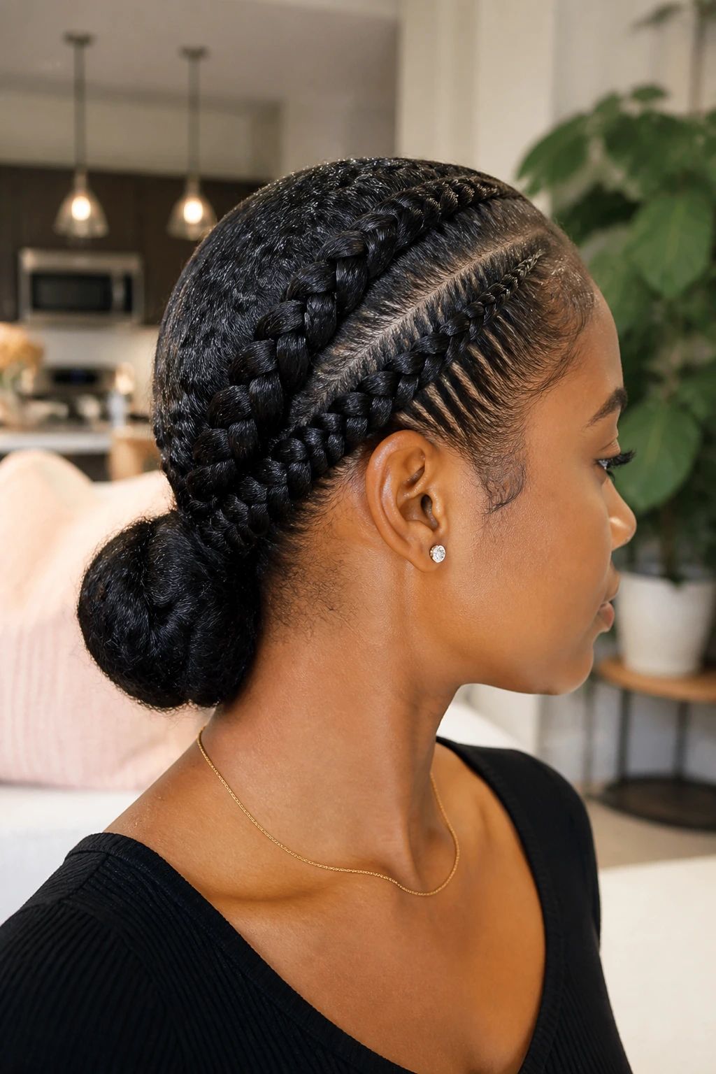 Side profile of a real person with a diagonal Dutch braid into a low bun
