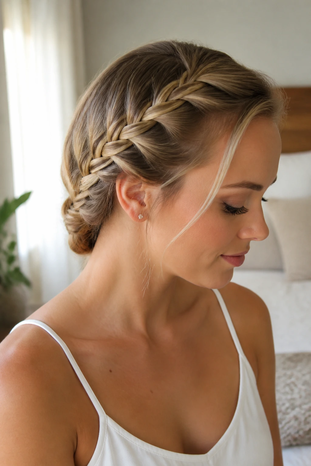 Close-up of a real woman with a diagonal Dutch braid from temple to nape.