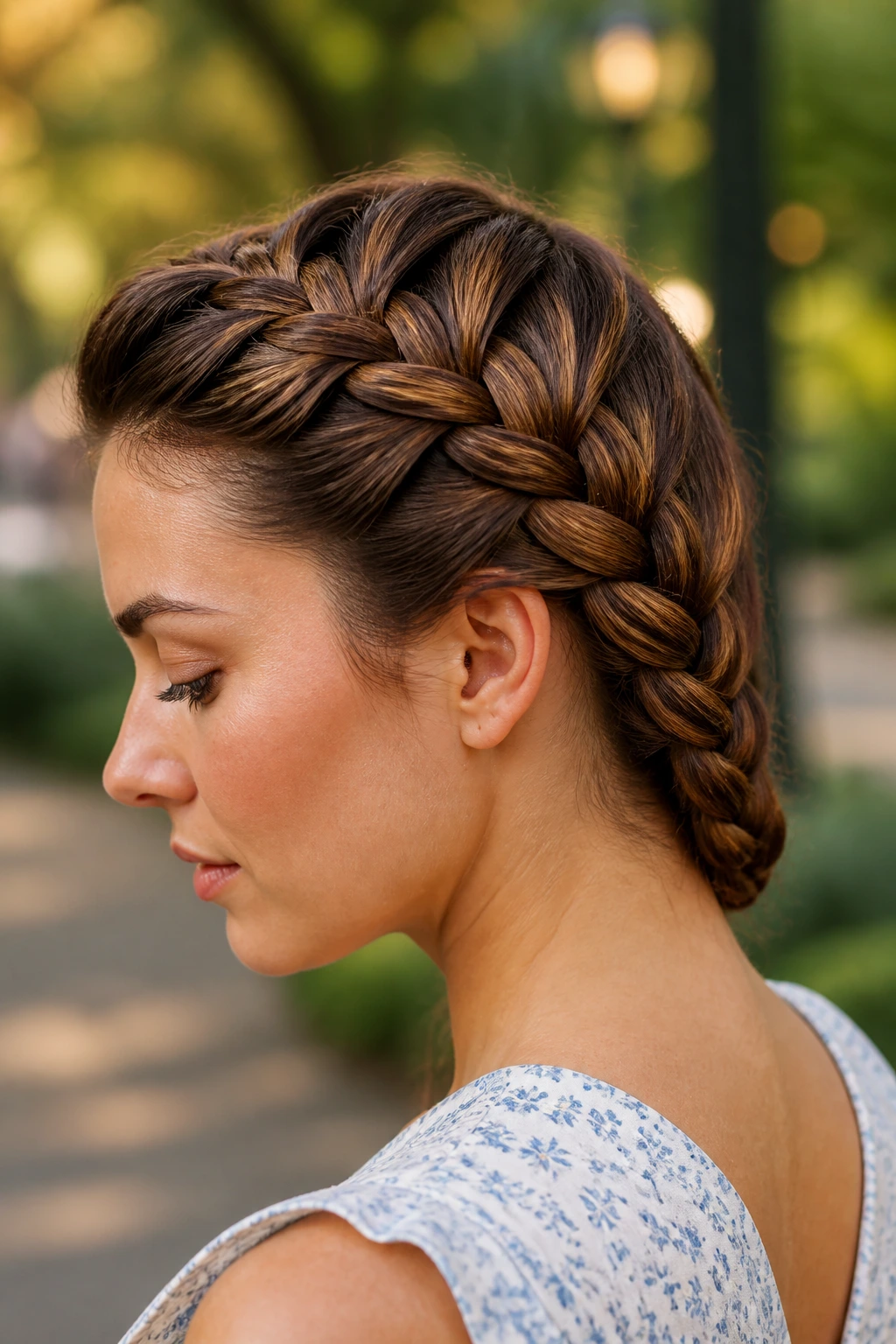 Profile of a real woman with a diagonal Dutch braid from temple to nape