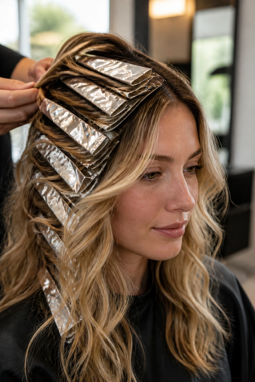 Close-up of a real person with diagonally swept foils highlighting waves