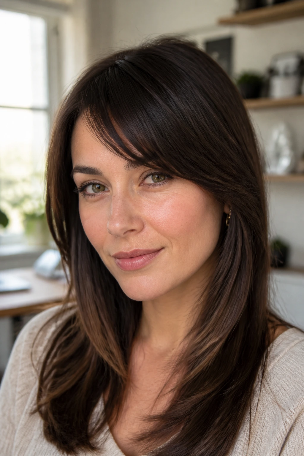 Close-up of a real woman with a diagonal fringe and clean edge
