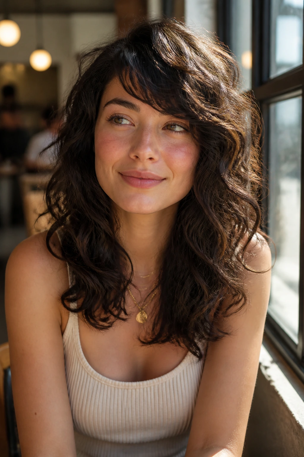 Close-up of a woman with diagonal fringe on curly hair