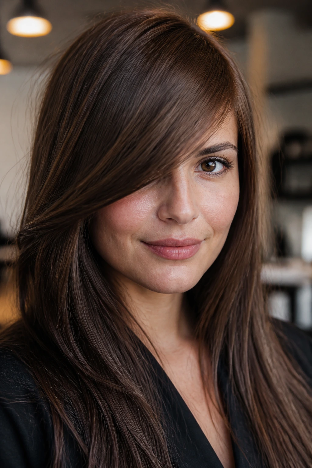 Diagonal fringe across face slimming the look on real woman