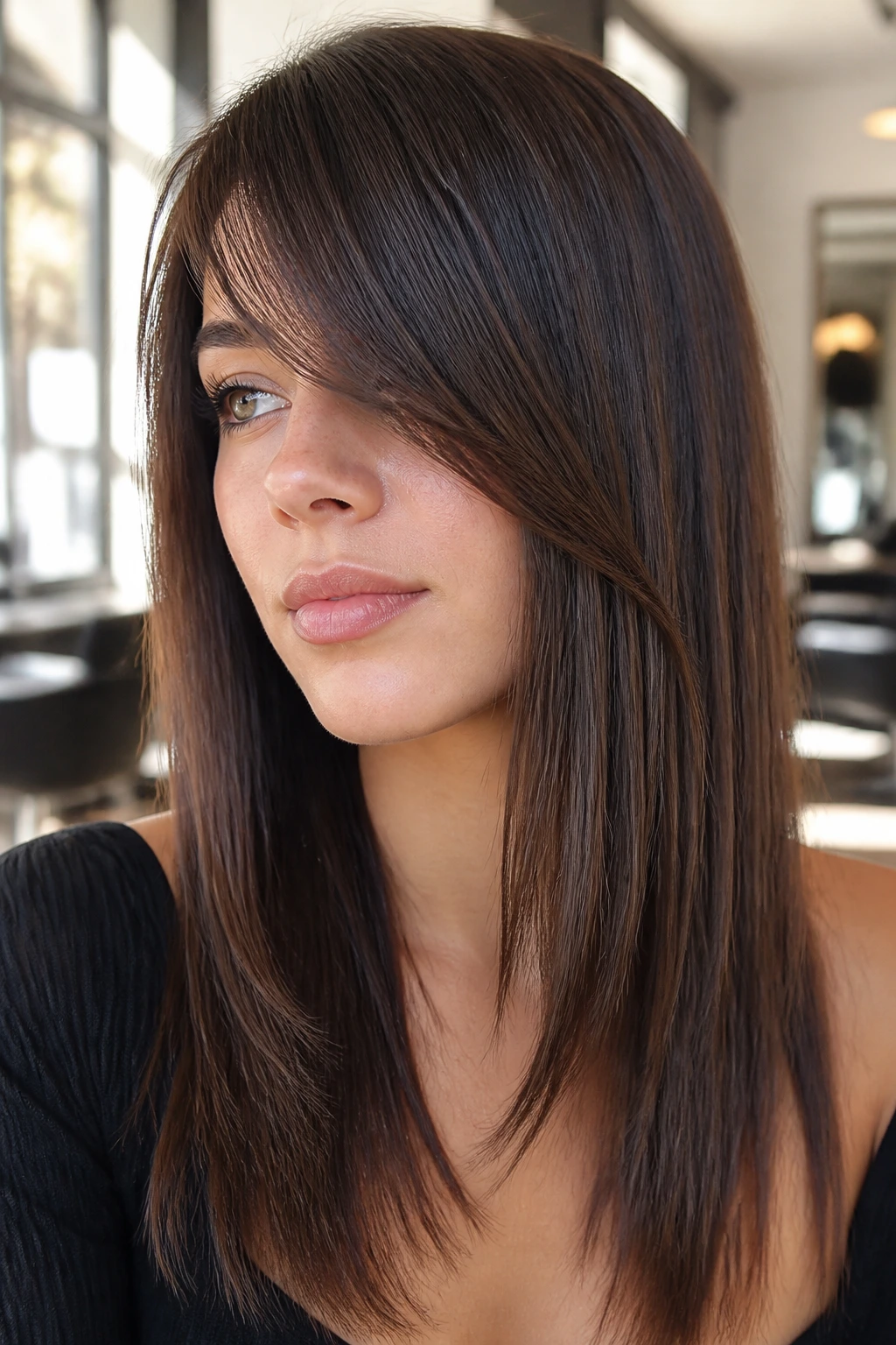 Close-up of a real woman showing a long diagonal fringe across the forehead.
