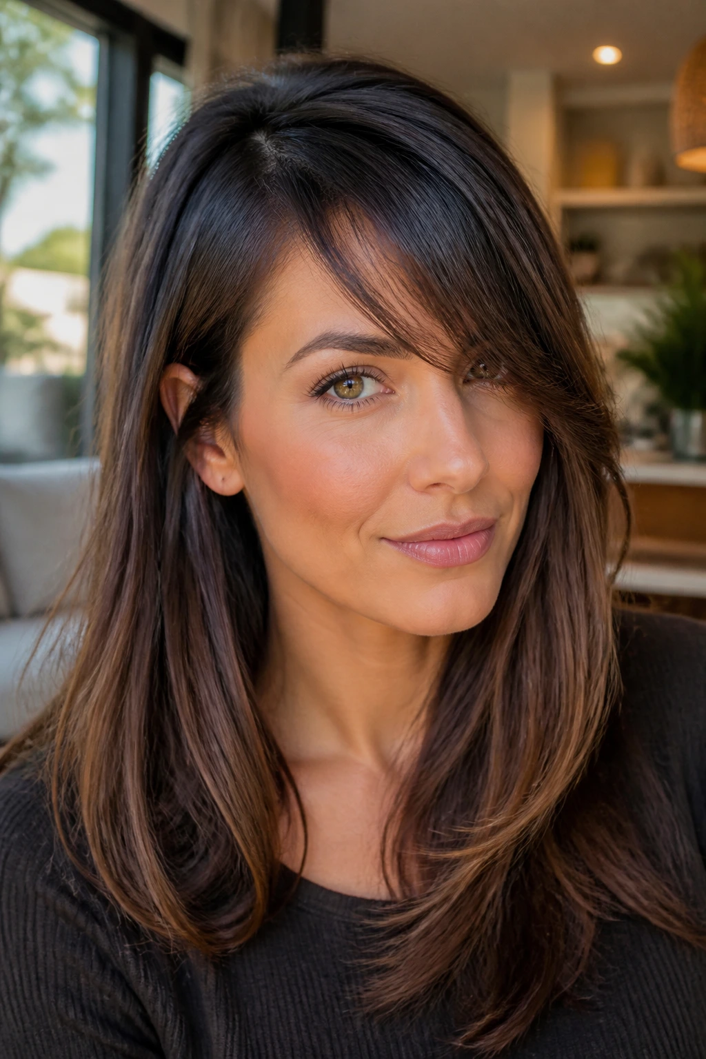 Close-up of a real woman with diagonal side-part fringe and a long tail