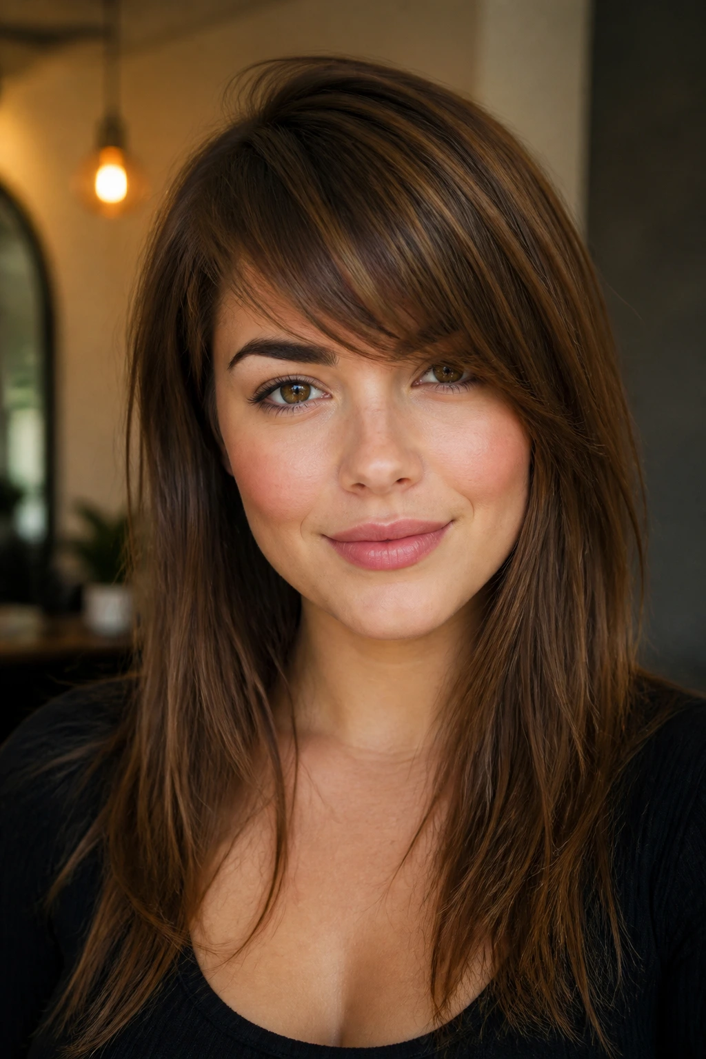 Real woman with diagonal fringe starting low on one side