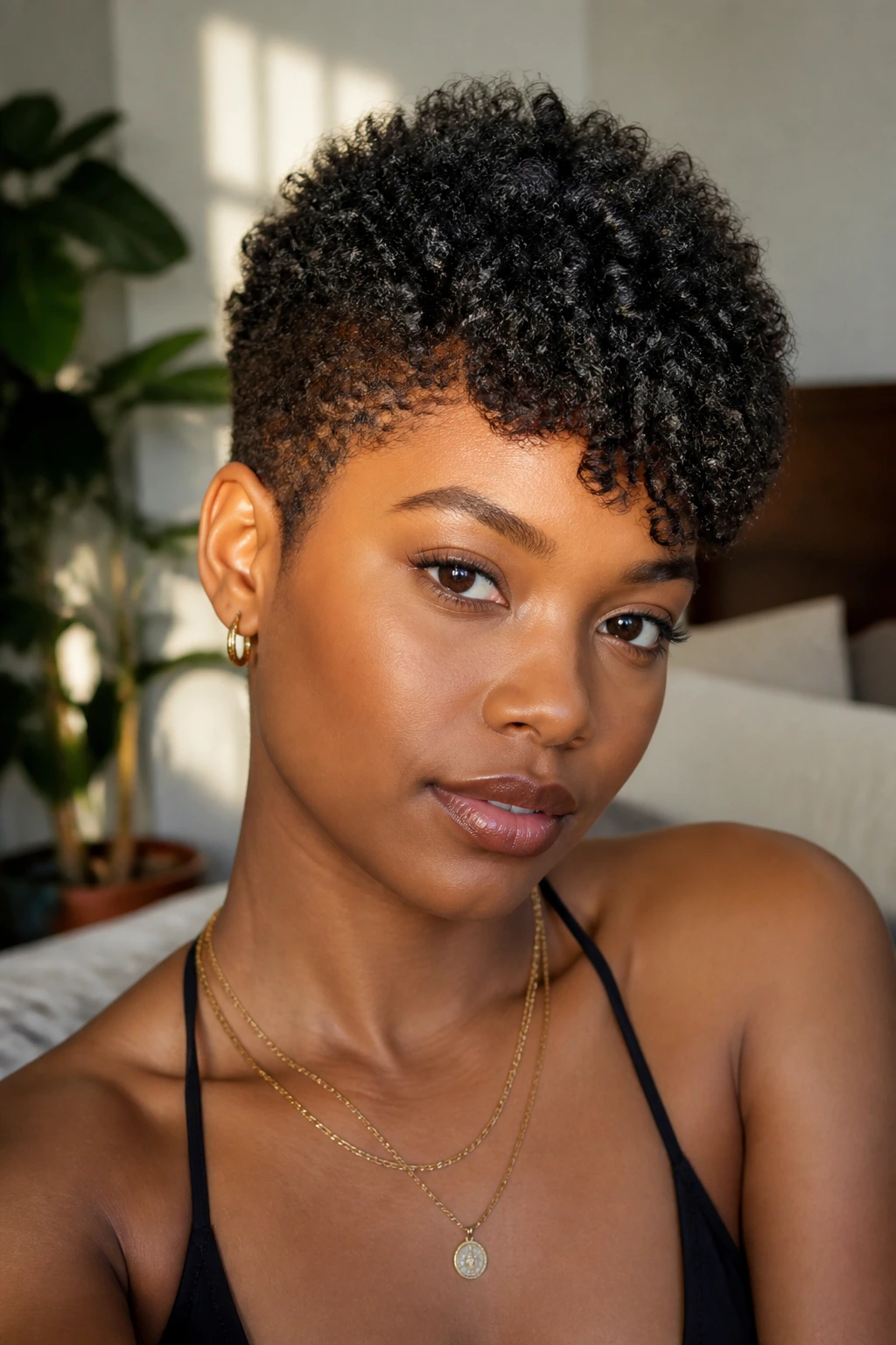 Close-up of a real Black woman with a diagonal fringe on a tiny afro
