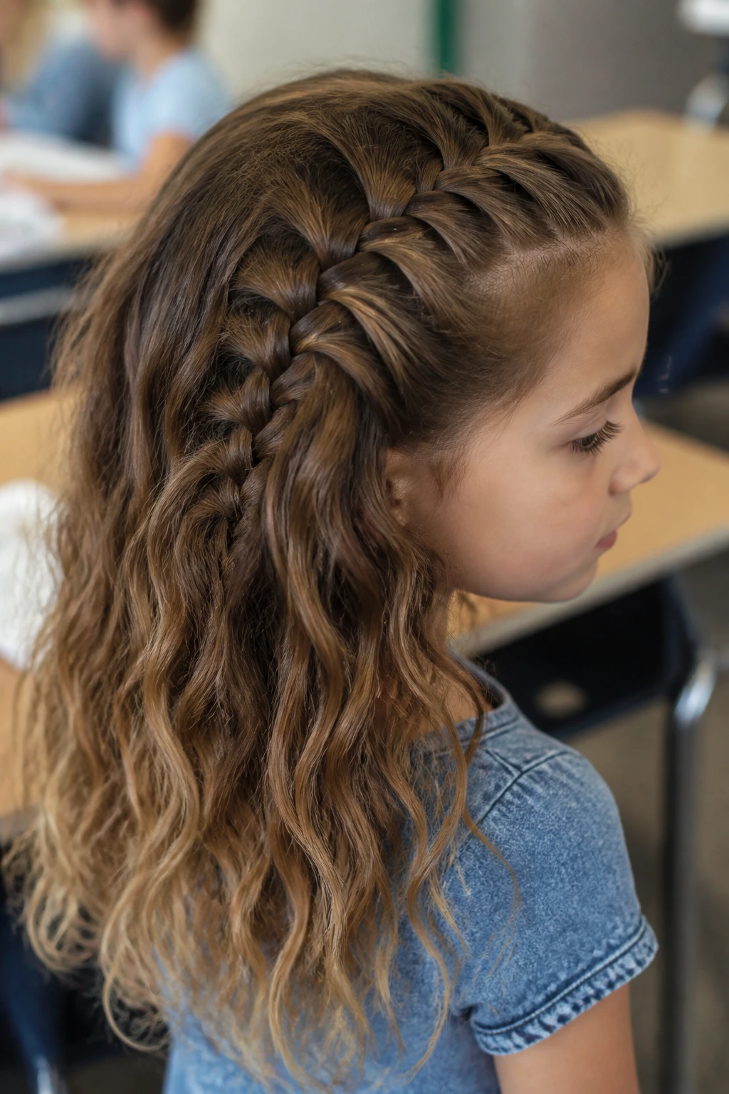 Child with a diagonal ladder French weave across the head