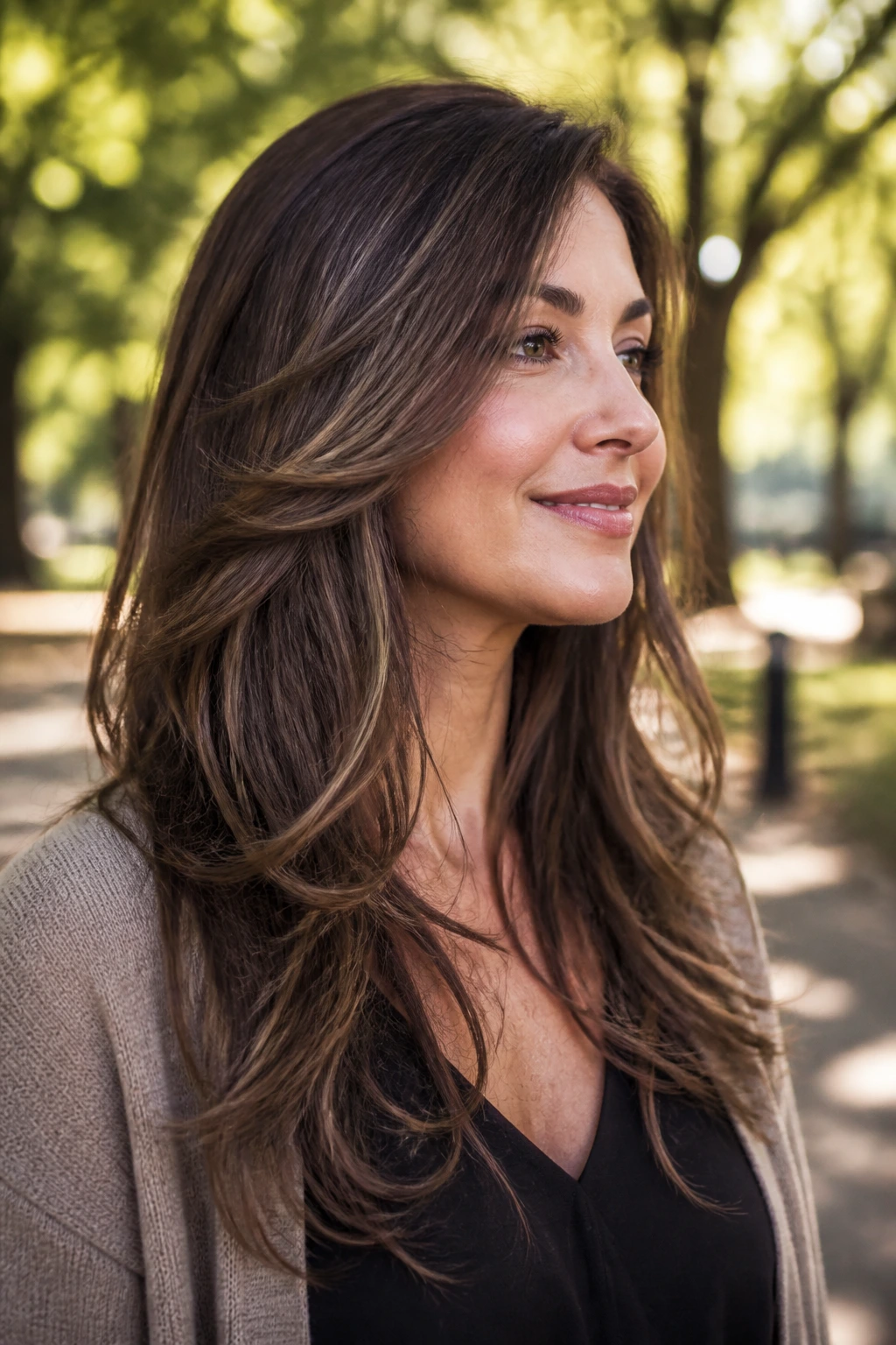 Side-profile of a woman with long diagonal layers flattering a round face