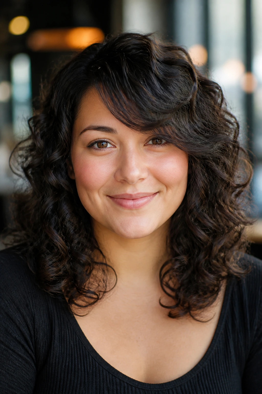 Portrait of a real woman with diagonal lift side-swept fringe for round face