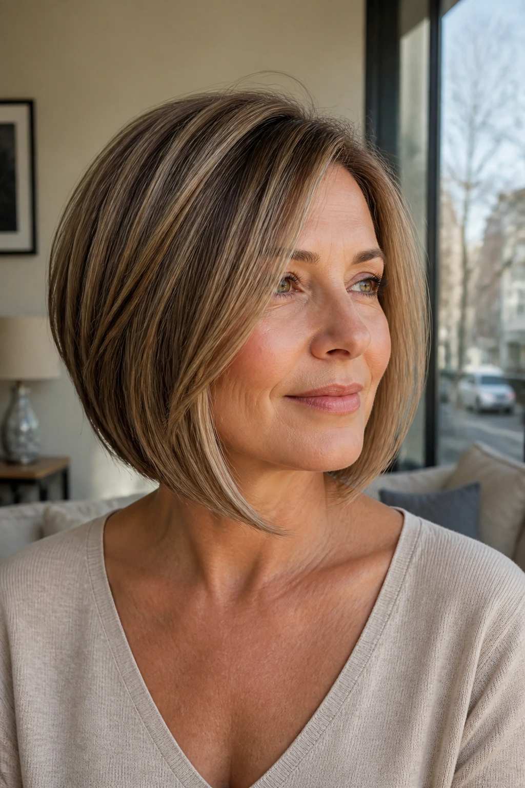 Portrait showing diagonal line in angled bob on a real woman with soft daylight