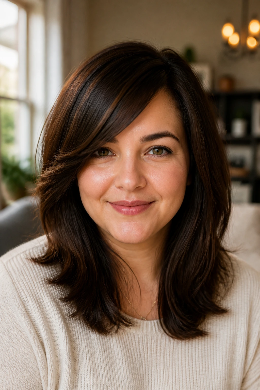Portrait of a woman with a diagonal side-swept bang on a round face