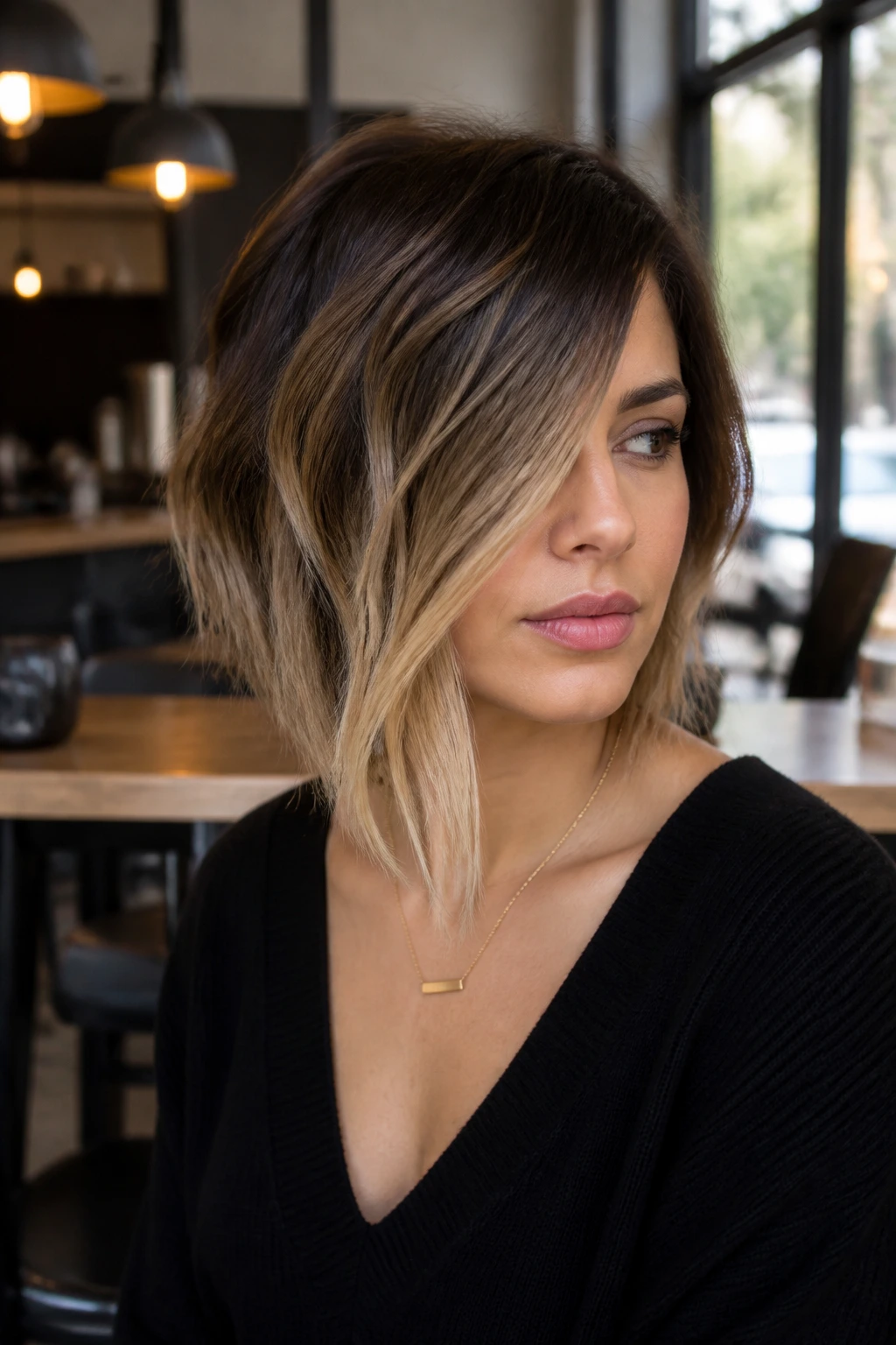 Three-quarter portrait of a real woman with diagonal lob hairstyle in cafe lighting