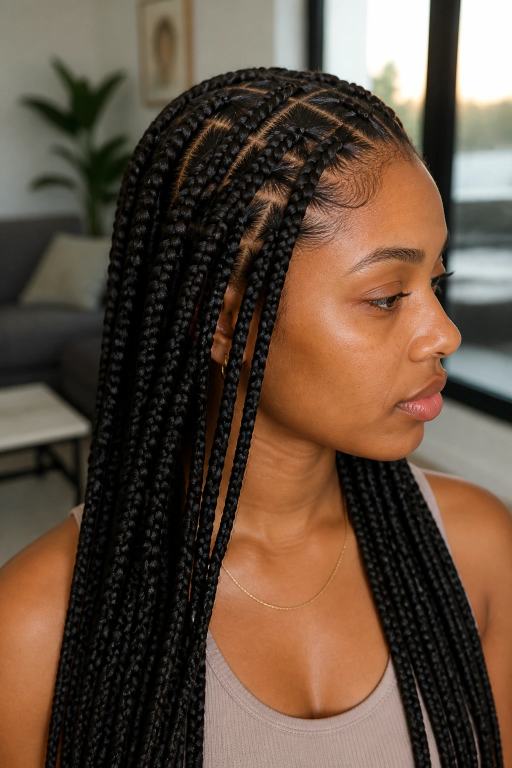 Front profile of a real woman with diagonally parted long braids