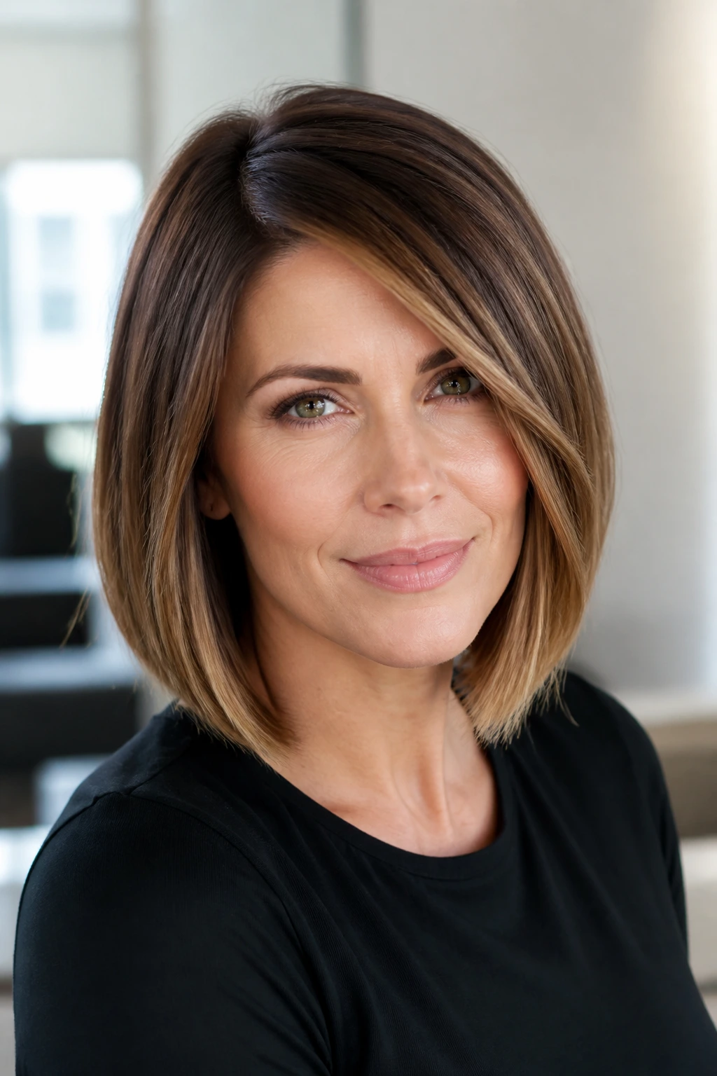 Close-up of a real woman with a diagonal-part melt bob and color melt in a bright office space.