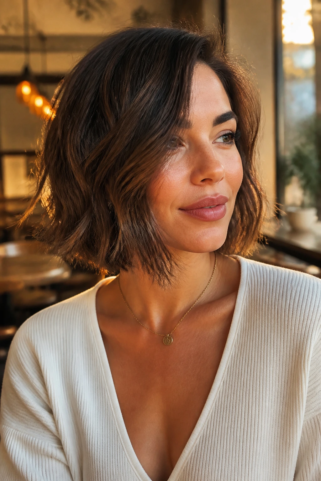 Portrait of a real woman with diagonal silhouette hairstyle in warm daylight