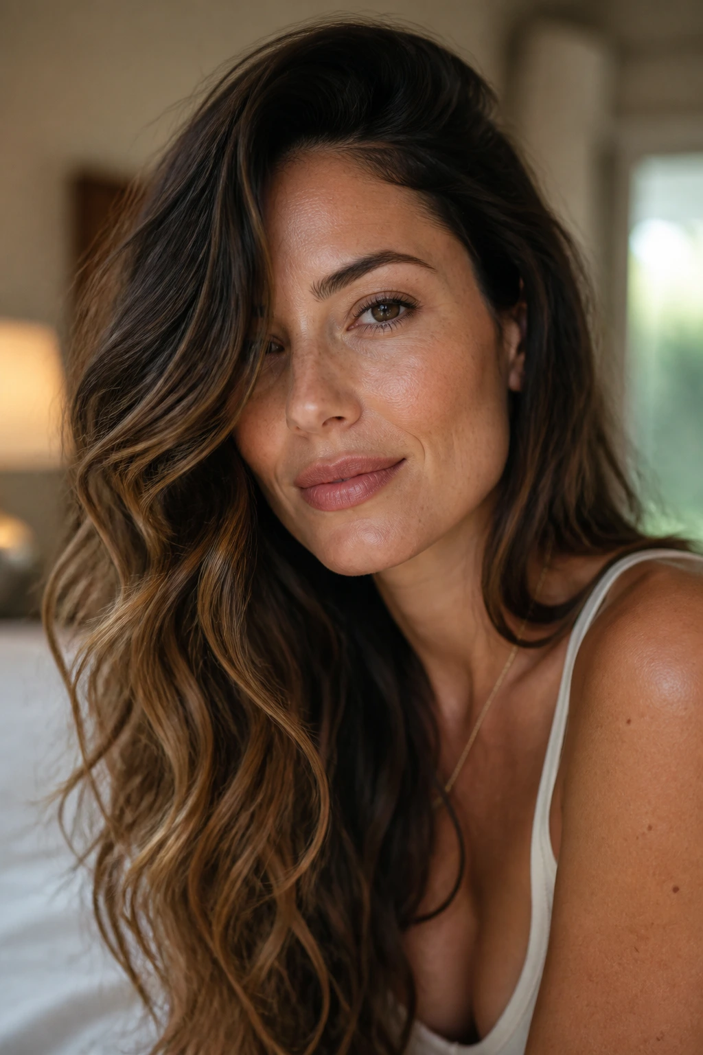Close-up of a woman with long hair featuring a deep side part and diagonal waves softening a square jaw.