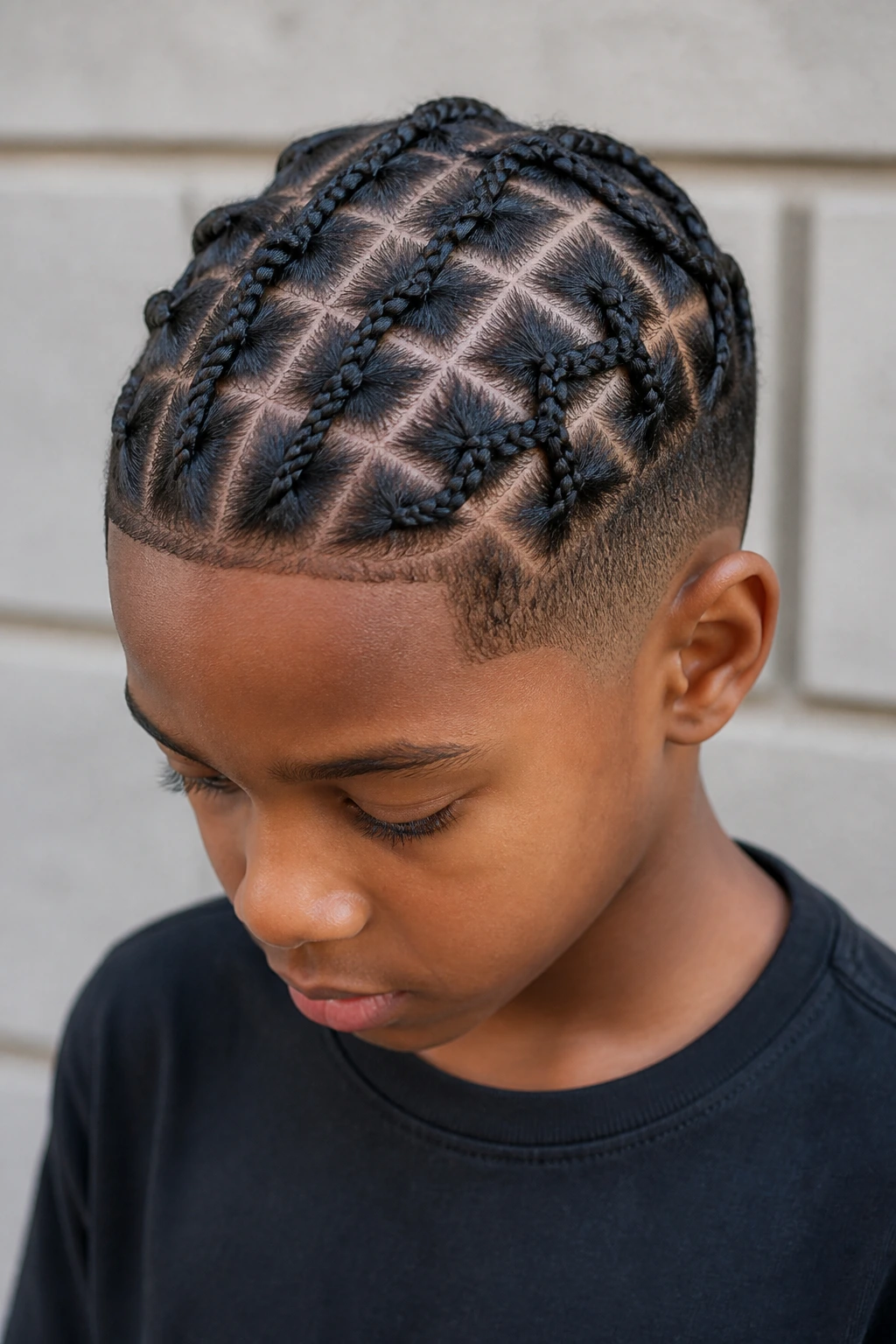 Boy with diamond-grid cornrow pattern outdoors