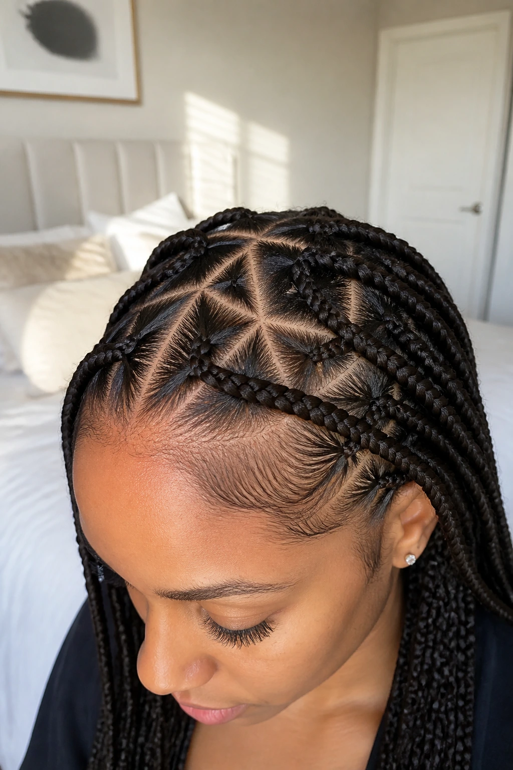 Close-up of diamond-part braids on a real woman