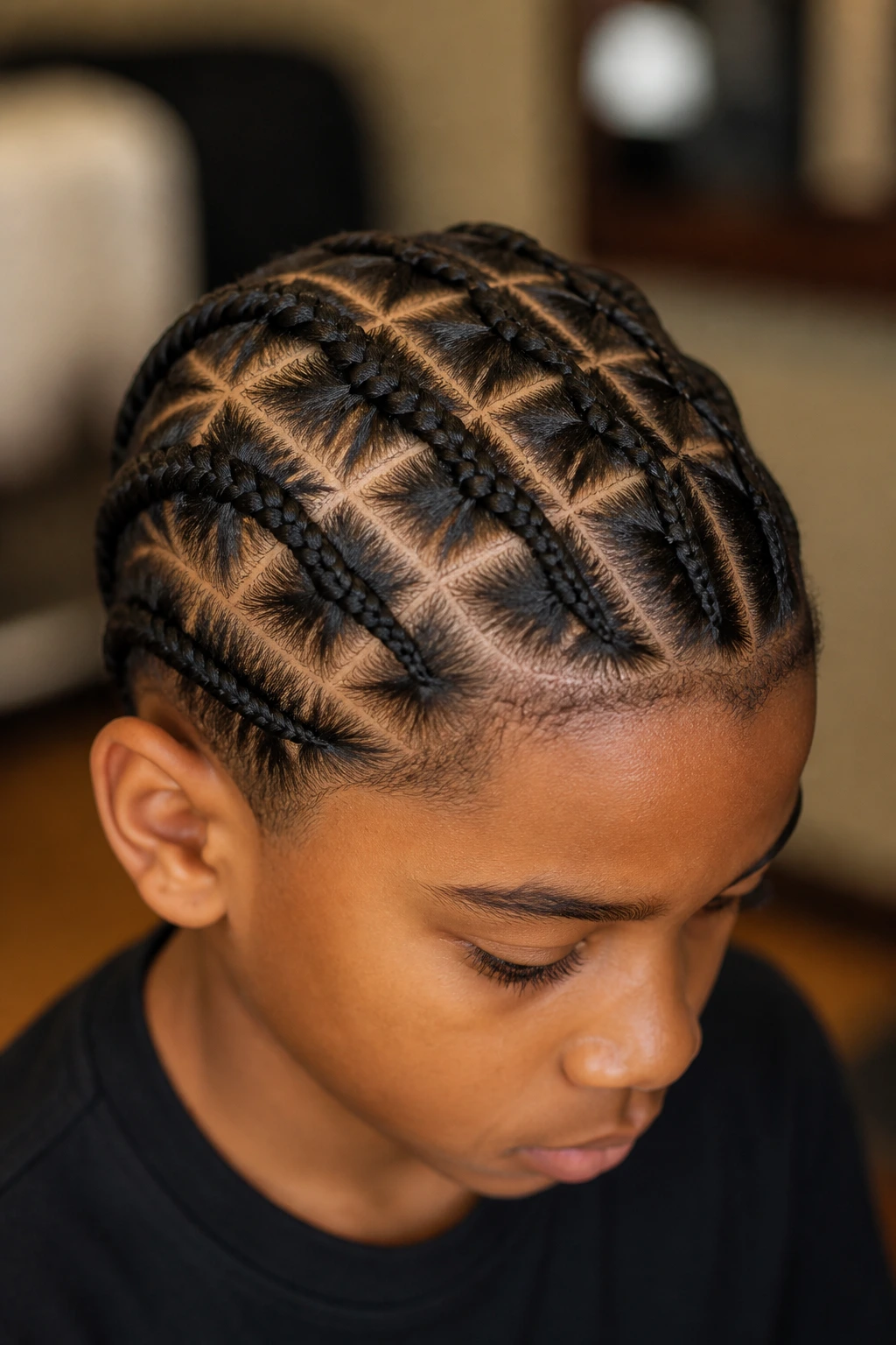 Close-up of a real boy's head with diamond-part cornrows creating density