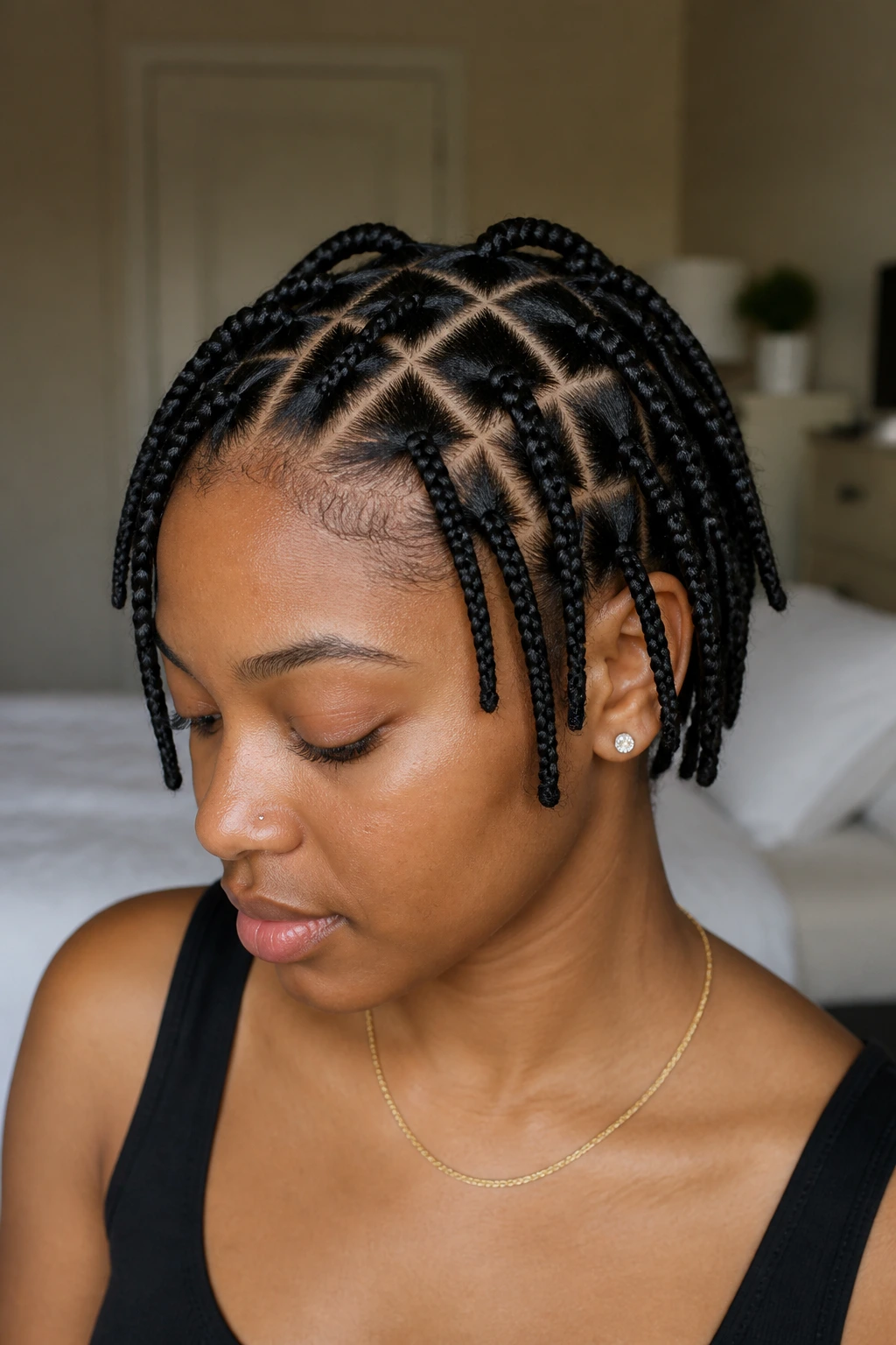 Close-up portrait of a real person with crisp diamond-part knotless braids