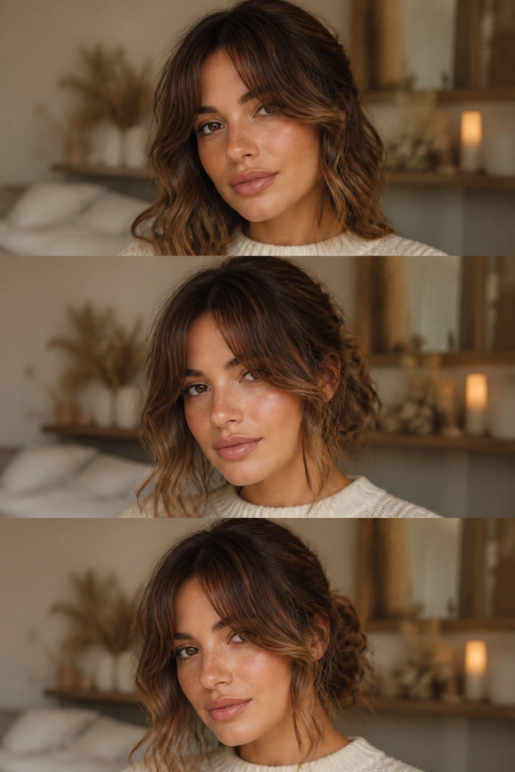 Real woman with a center-split fringe wearing two loose curtains