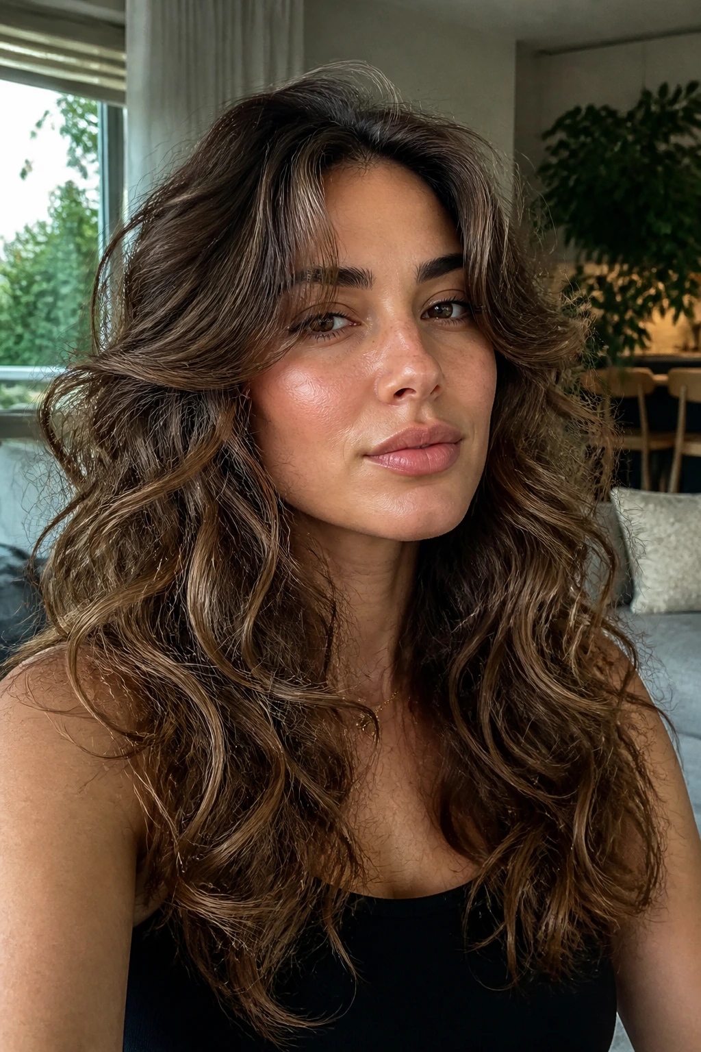 Close-up of a real woman with diffused big-volume waves and curtain bangs