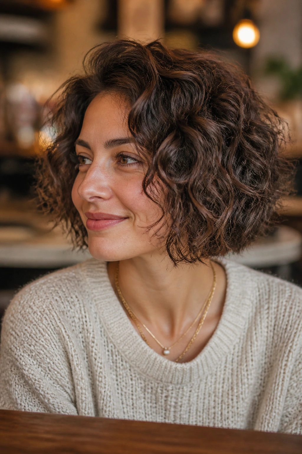 Portrait of a woman with a diffused curly bob and piecey ends in a cafe setting.