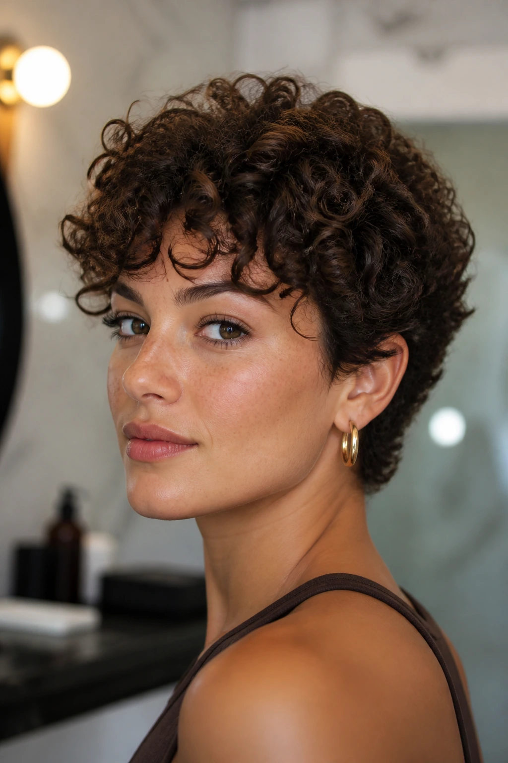 Close-up of a real woman with a diffused curl crop showing lift at the crown.