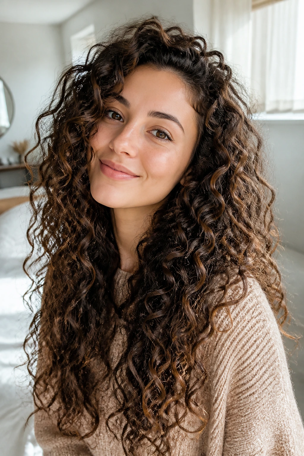 Close-up of a real woman with diffused natural curls in a sunlit bedroom